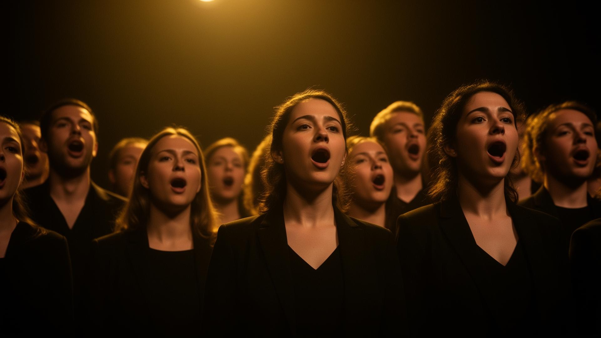 Korister synger med varmt scenelys